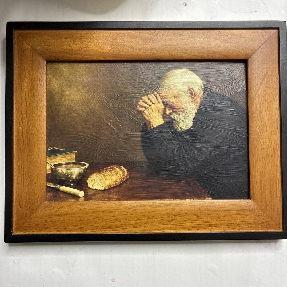 “Grace” Eric Enstrom Framed Print 9”x7” Elderly Man Praying Vintage Wood Frame